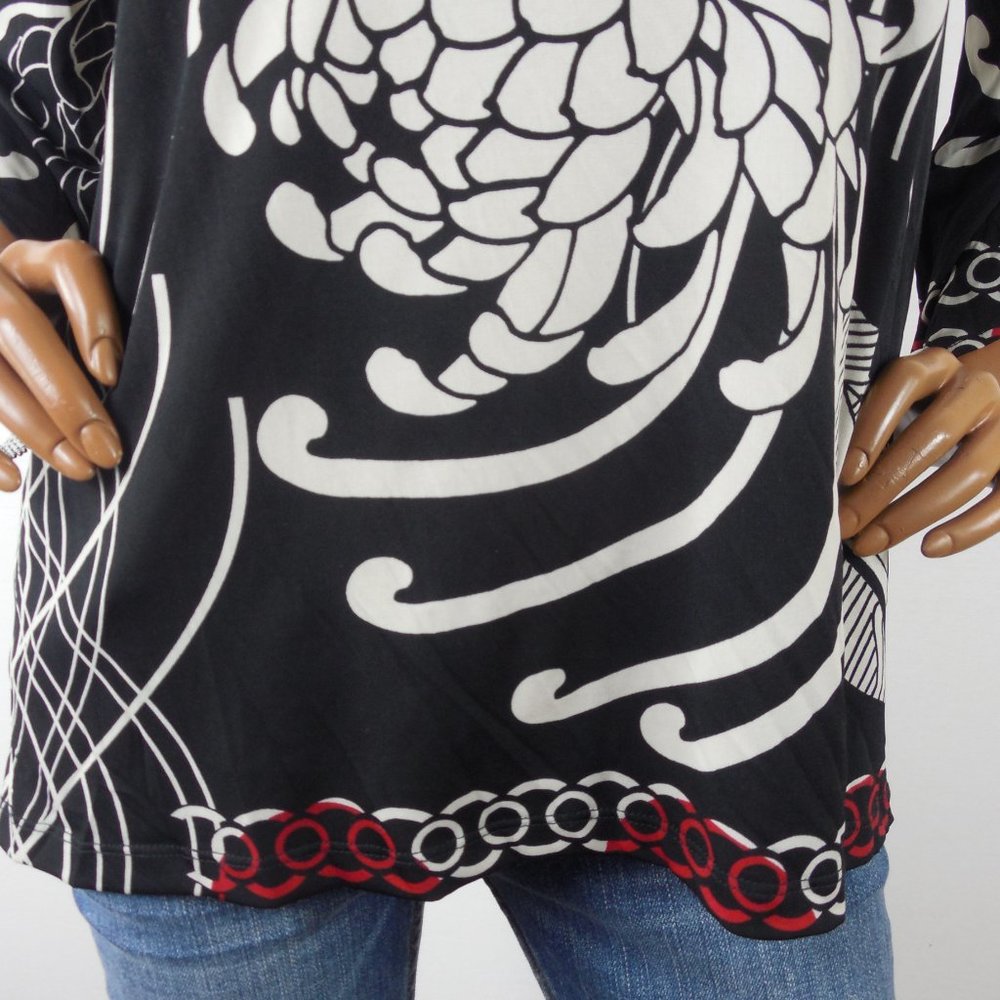 CHICO'S Top M Sz 1 Black/Red/Tan Blouse Stretch 3/4 Split Sleeves Casual Party - Picture 5 of 11